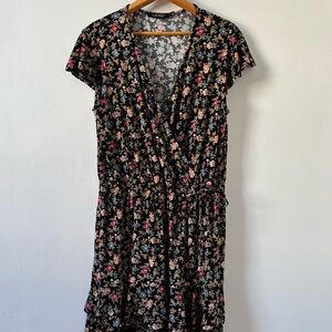 Lauren Ralph Lauren Women Black V-Neck Short Sleeve Floral Jersey Dress Sz 12